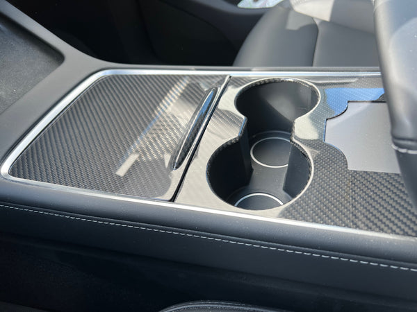 Tesla Model 3 e Y: copertura della console centrale in vero carbonio con rientranza per la chiave magnetica, lucida