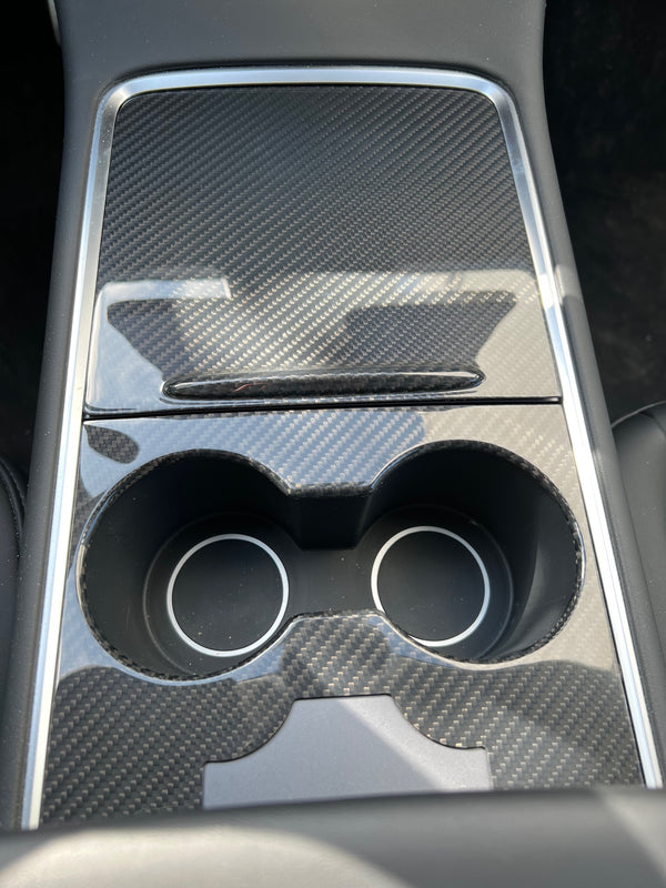 Tesla Model 3 e Y: copertura della console centrale in vero carbonio con rientranza per la chiave magnetica, lucida